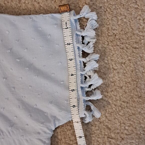 Umgee Women’s Top Powder Blue Swiss Dot Square Neckline Lace Detail Tassels Med - Picture 15 of 15